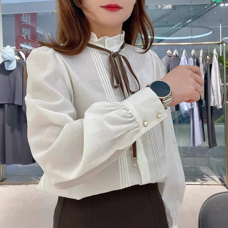 衬衫 时尚新款立领系带装饰叠片褶皱设计感纯色简约百搭 衬衣0.16