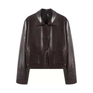 皮衣外套 外套0.77 翻领单排扣亮面漆皮双口袋甜酷风气质百搭短款