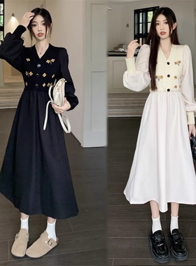 连衣裙 V领刺绣针织拼接松紧腰系带秋冬田园风淑女森系连衣裙0.55