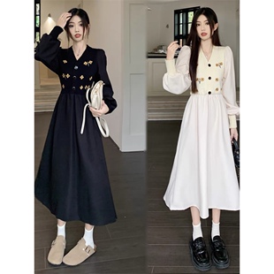 连衣裙 V领刺绣针织拼接松紧腰系带秋冬田园风淑女森系连衣裙0.55