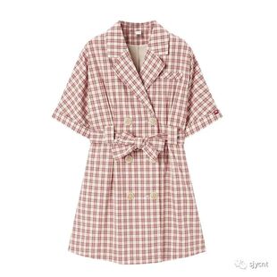高端新品 时尚西装领格子印花双排扣系带收腰显瘦百搭 连衣裙0.45