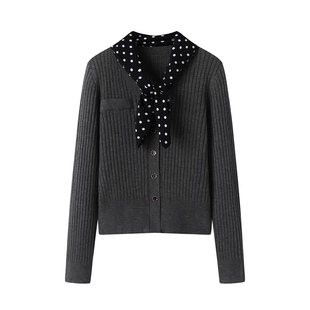 两件套针织衫 波点丝巾+V领小网眼镂空单排扣修身气质 打底衫0.44