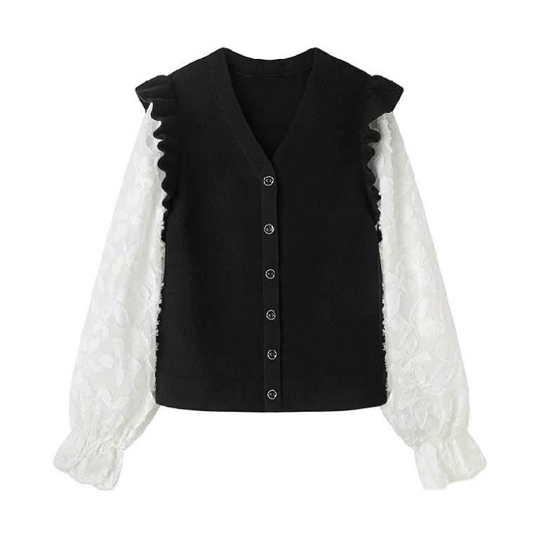 针织衫 V领荷叶边毛边衬衫袖拼接纽扣装饰减龄甜美风套头毛衣0.41,女装/女士精品,毛针织衫,淘宝优惠券,粉丝福利购,淘宝优惠卷