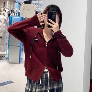 针织衫 连帽抽绳字母贴布双头拉链简约休闲百搭毛衣开衫 外套0.38