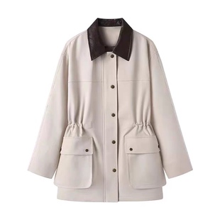 外套0.52 风休闲百搭款 风衣外套 拼接皮翻领抽绳收腰显瘦设计工装