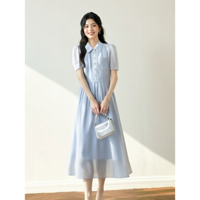 POLO领蕾丝花边拼接中长款连衣裙