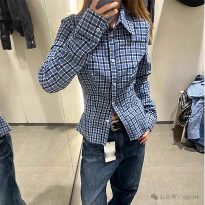 衬衫 时尚新款翻领纽扣开襟复古格纹收腰修身显瘦气质款 上衣0.19