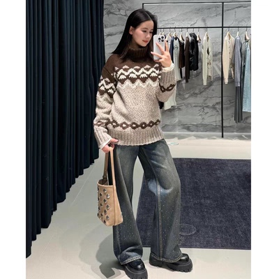高领几何图案拉绒休闲百搭毛衣