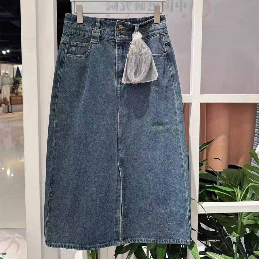 牛仔半身裙 两粒扣爱心复古金扣前开叉附腰带中长百搭 直筒裙0.60