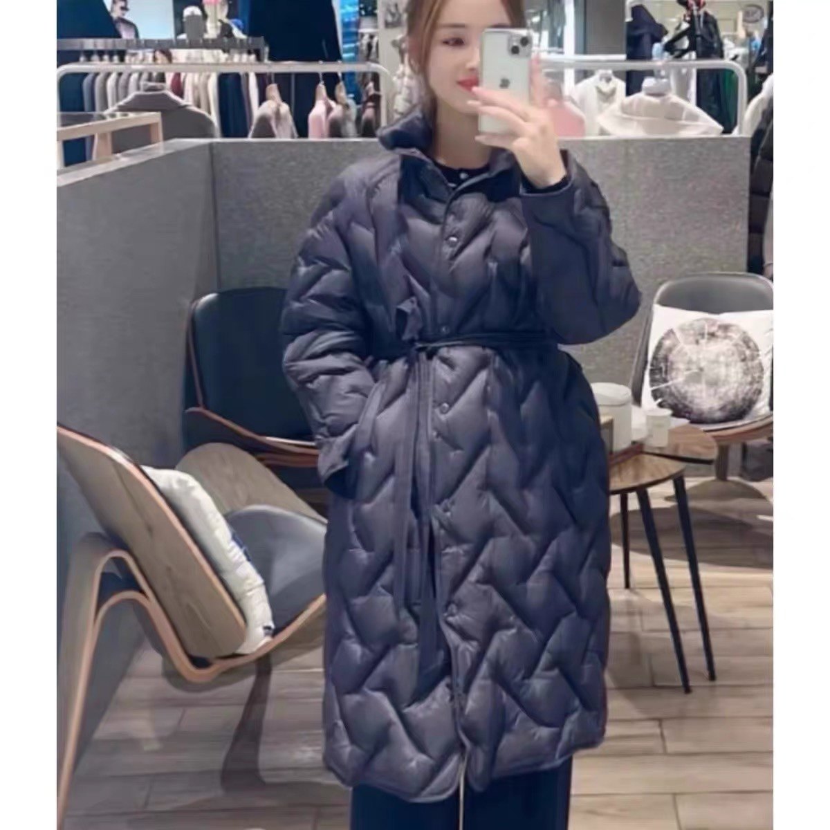 鸭绒羽绒服 时尚秋冬款立领腰带收腰设计感气质百搭长款 外套0.54