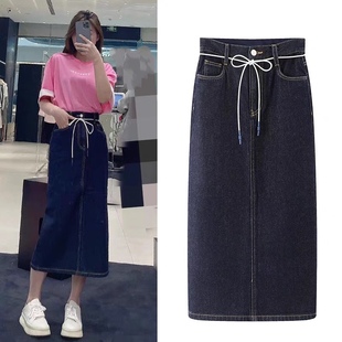 直筒裙0.52 牛仔半身裙 夏时尚 新款 高腰一粒扣系带收腰后开叉百搭