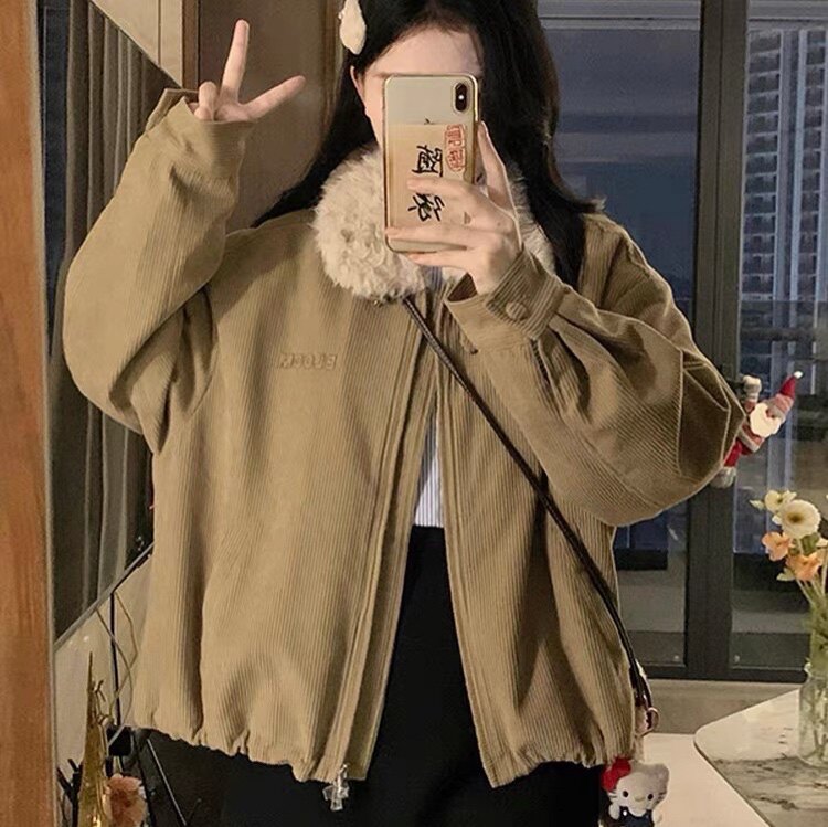薄棉服 翻领拉链门襟灯芯绒字母贴布双口袋简约休闲百搭 外套0.65
