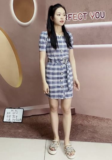 高端新品 时尚方领格子印花配腰带后拉链百搭亚麻 连衣裙0.27