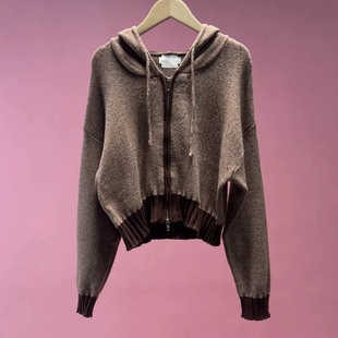 针织衫 连帽抽绳双头拉链撞色拼接超短款休闲百搭款毛衣 开衫0.47