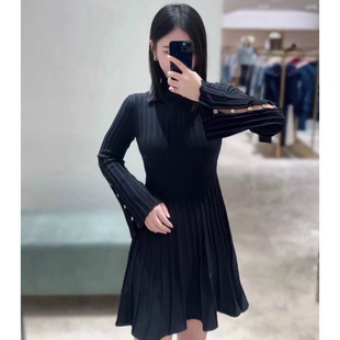 针织连衣裙 圆领金属标装饰喇叭袖赫本风秋冬中长款 连衣裙女0.44