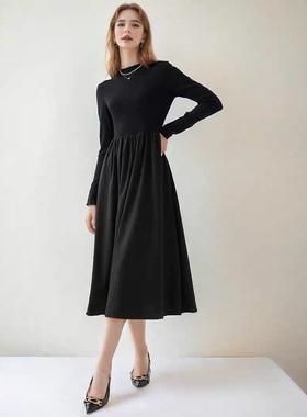 连衣裙 中领双口袋针织拼接松紧腰修身显瘦长袖春秋款 连衣裙0.47