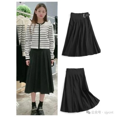 皮带装饰气质百搭通勤西装百褶裙