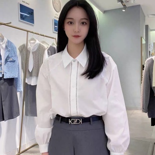 POLO领刺绣镂空花边拼接气质简约通勤百搭长袖 衬衫 上衣0.19