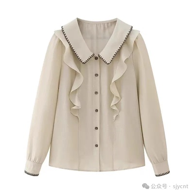 翻领单排扣木耳边优雅风长袖衬衫