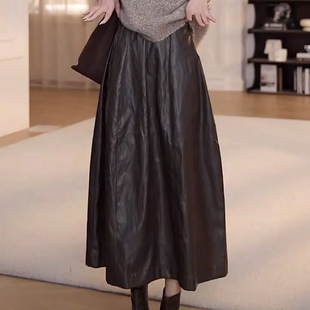 PU皮半身裙 侧拉链内里磨毛双口袋长款气质百搭复古直筒A字裙0.44