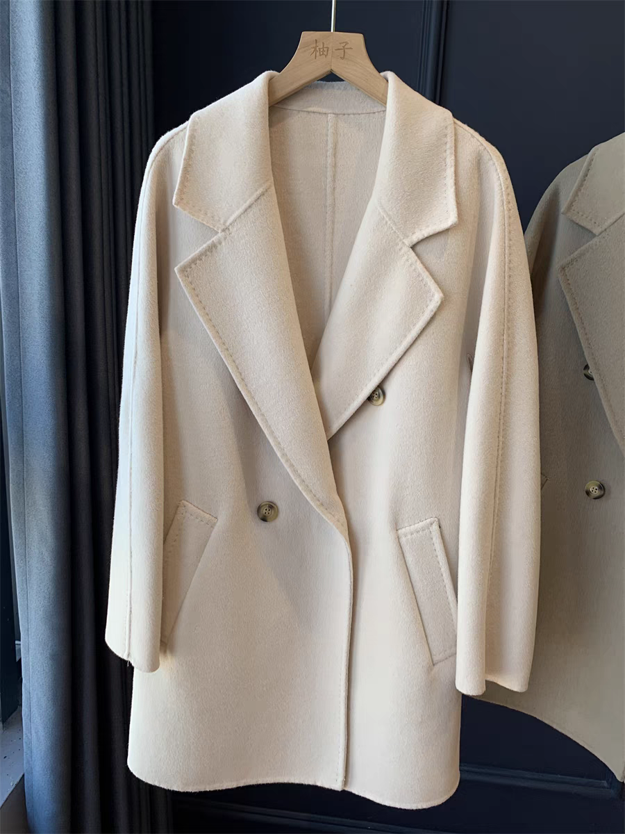 双面呢外套 高端新品气质西装领双排扣中长款百搭羊毛呢 大衣1.06