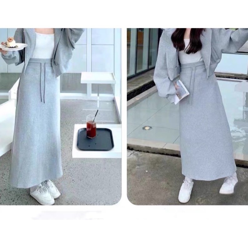 亮丝细闪针织开衫抽绳半身裙套装