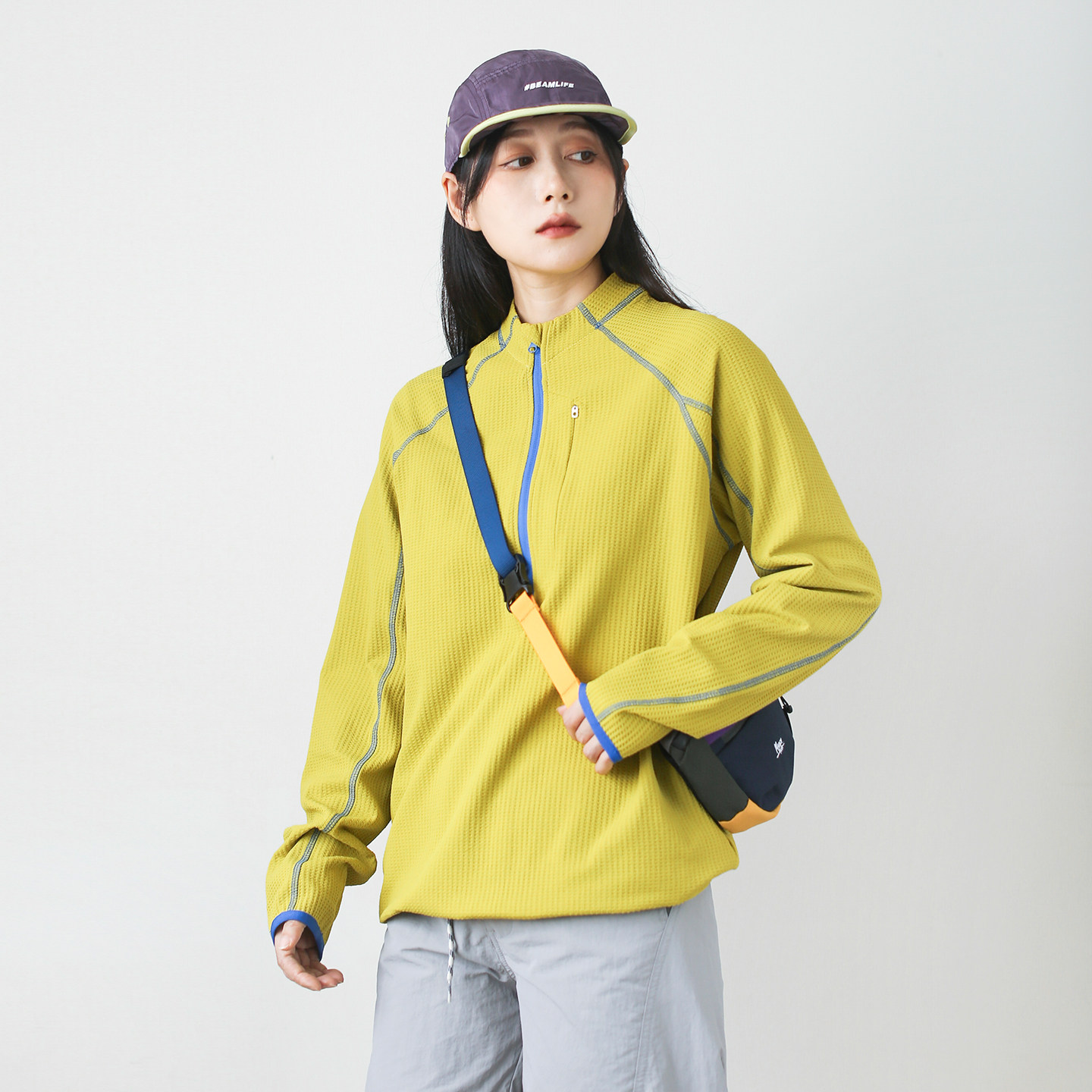 漫渡户外运动风半拉链立领卫衣女宽松休闲百搭长袖登山上衣姜黄色