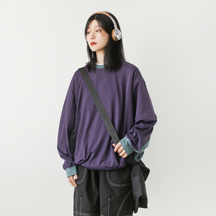 春夏薄款山系户外拼色圆领长袖T恤女宽松百搭运动速干打底衫上衣