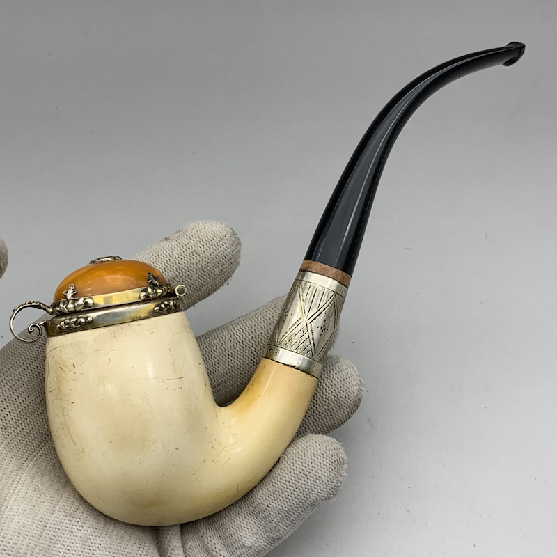 小猪烟斗 二手海泡石 奥地利老斗 纯银装饰 琥珀风帽 精品收藏
