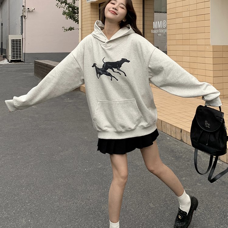 2025秋冬新款欧美式复古街头修狗印花连帽卫衣女宽松加绒上衣