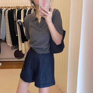 韩系灰色正肩Polo领针织短袖t恤女夏季小个子宽松短款翻领上衣潮