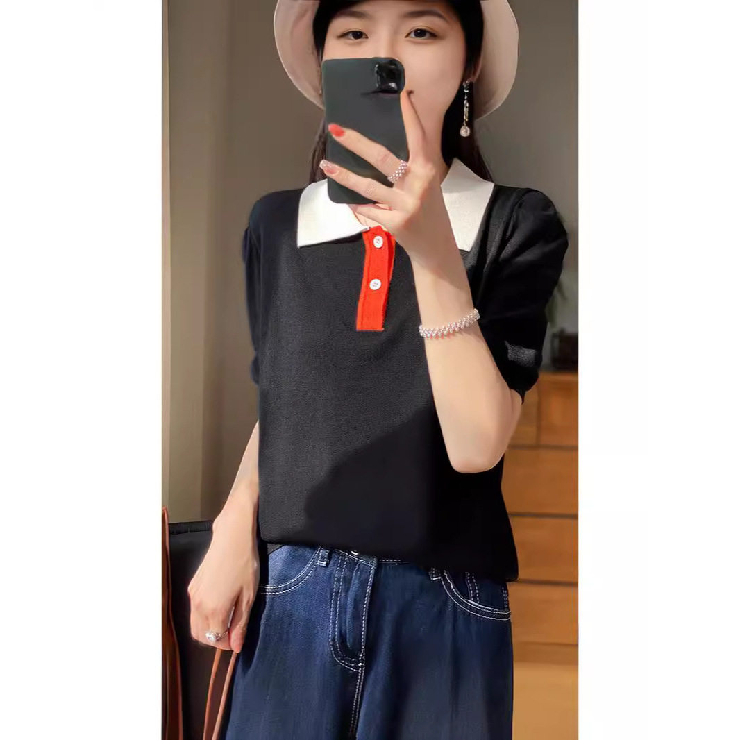 精纺羊毛短袖女士Polo领宽松针织T恤衫夏季新款韩版显瘦半袖上衣
