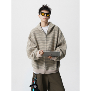 条纹连帽拉链外套小众休闲宽松美式开衫卫衣W885-P75控118图片