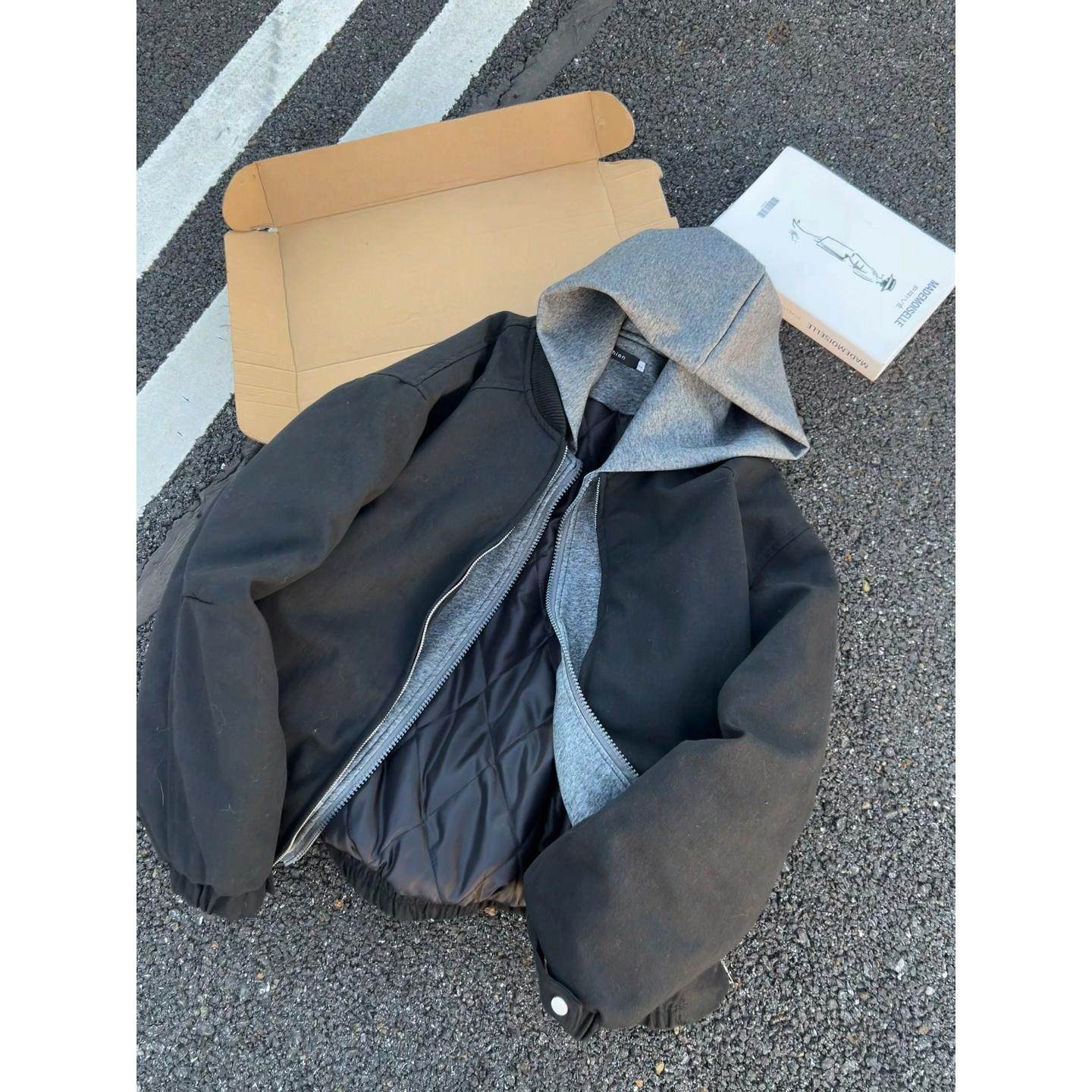 美式解构假两件加棉夹克外套男秋冬季连帽棉衣J98-P95-加棉P105，男装夹克，星座918-1