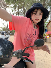 Real price Pink Bear bottomed shirt for women's new style in spring and summer with printed short sleeves