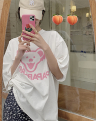 實拍實價  可愛粉熊印花t恤顯瘦韓版chic減齡寬鬆短袖上衣