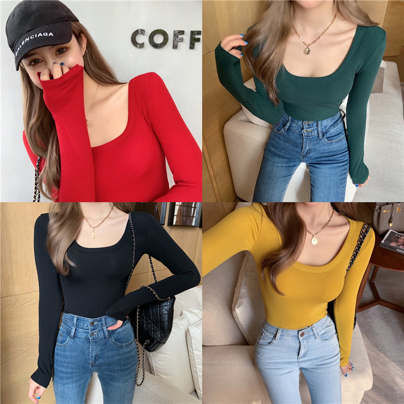Real price autumn and winter new sexy slim U-neck low chest T-shirt