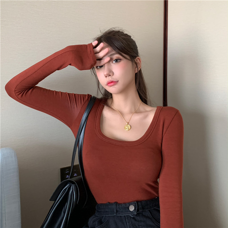 Real price low round neck slim Plush warm long sleeve bottom coat Korean version pure soft waxy top