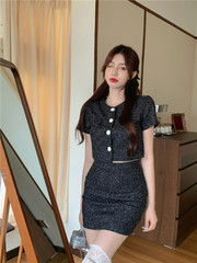 Real price temperament suit 2021 new fashion foreign style black top + short skirt two piece set