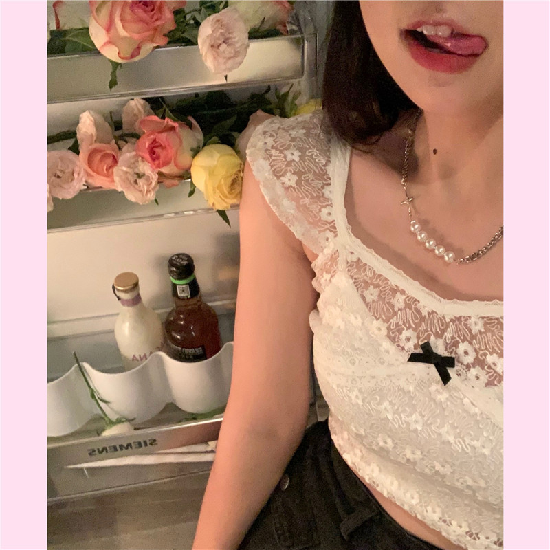 Real shooting and real price Summer White V-Neck design: two piece Lace Top + suspender vest