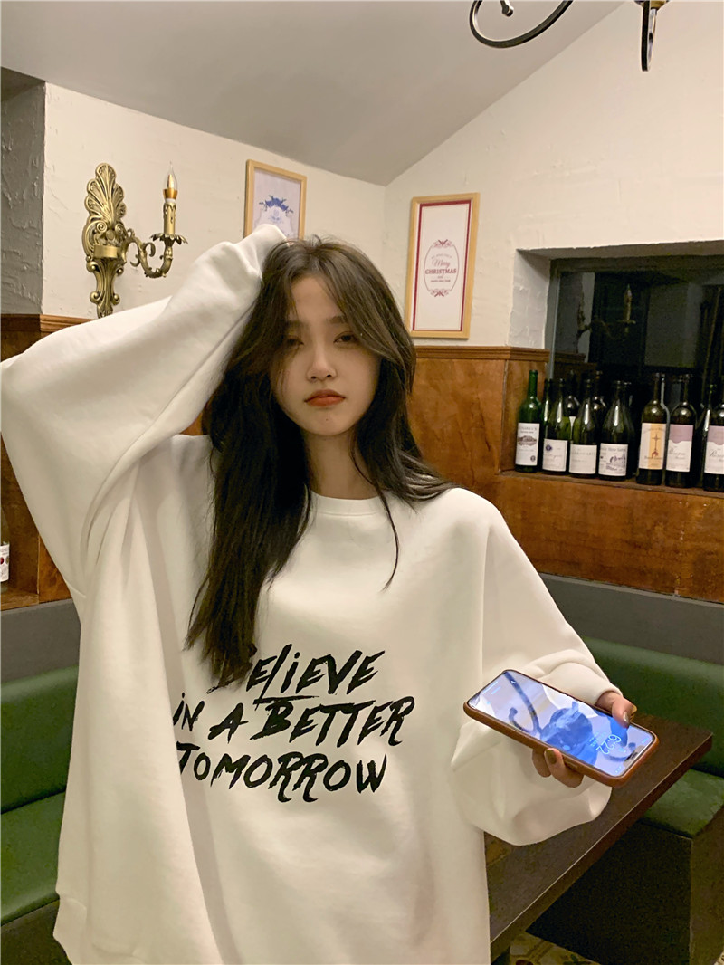 Real price autumn and winter new round neck Pullover Sweater with plush and thickened letters