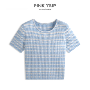 Trip 时尚 miu系条纹短款 女夏圆领套头薄款 上衣 紧身针织短袖 Pink