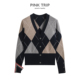 Trip学院风菱格撞色tb针织开衫 女秋季 新款 Pink 修身 v领毛衣外套潮