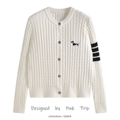 小狗刺绣设计感麻花针织衫 毛衣外套 圆领四道杠tb开衫 女秋新款 修身