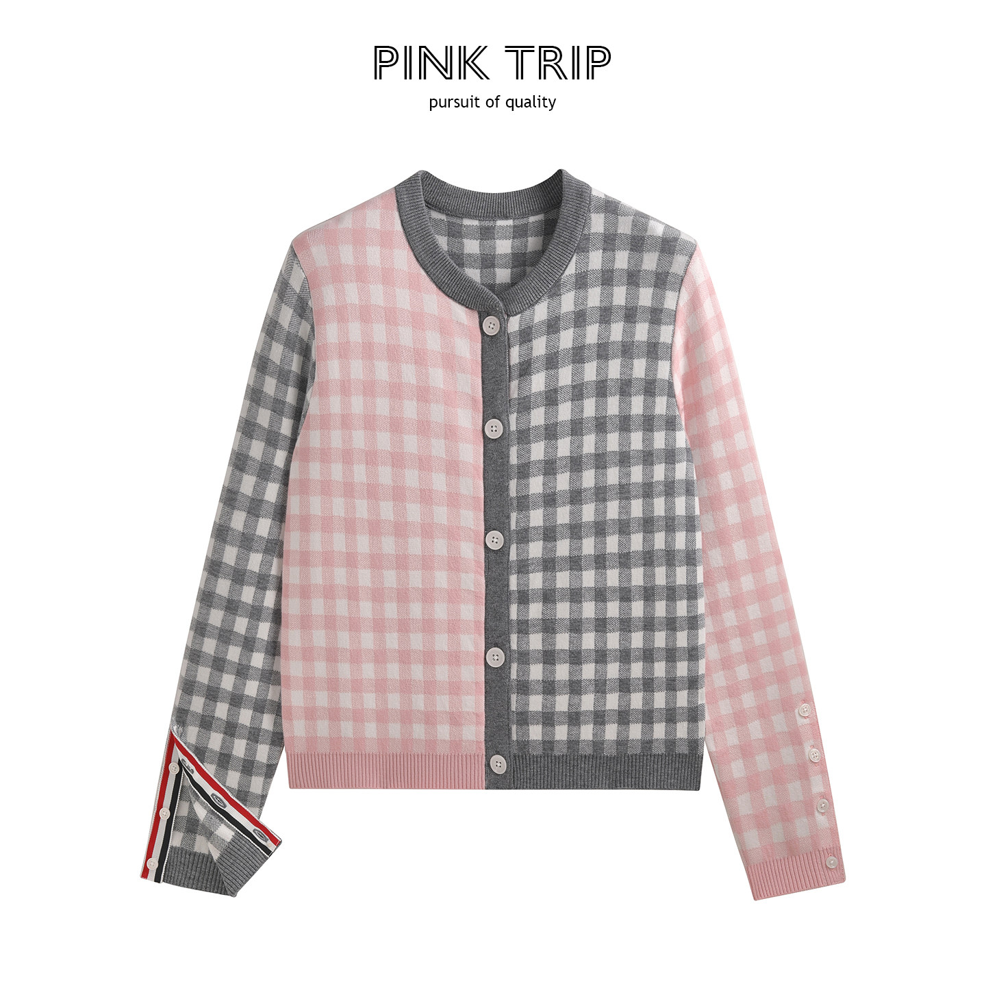 Pink Trip设计感撞色格子针织开衫女早秋修身甜美风短款毛衣外套,女装/女士精品,毛针织衫,淘宝优惠券,粉丝福利购,淘宝优惠卷
