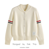 棒球领短外套女秋冬新款 高版 本tb双标针织开衫 韩系宽松棒球服上衣