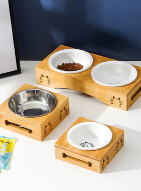 猫碗陶瓷双碗猫饭碗防打翻保护颈椎猫食盆碗架狗狗喝水碗猫咪用品