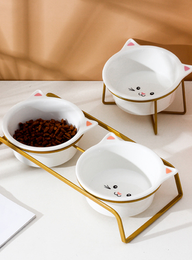 猫碗双碗陶瓷可爱宠物碗猫食盆保护颈椎狗狗碗食盆猫粮碗幼猫用品