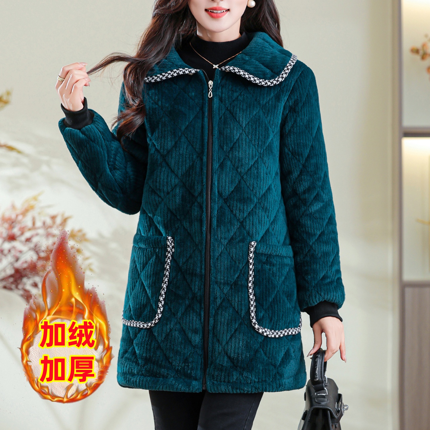 冬季新款女装中长款罩衣外套夹棉保暖家居服加绒加厚棉衣夹棉棉袄