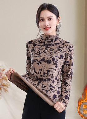 中老年女秋衣妈妈半高领印花大码